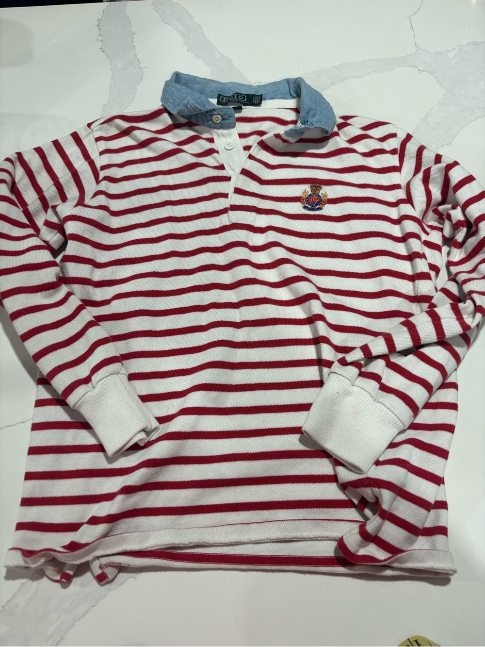 Ralph Lauren Red & White Striped Rugby Sweatshirt with Blue Collar